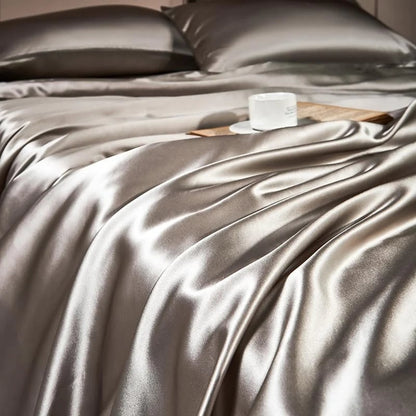 Parure de lit en soie 4 pièces, ensemble de housse de couette en soie de mûrier avec taies d'oreiller, draps en soie hypoallergéniques pour les cheveux