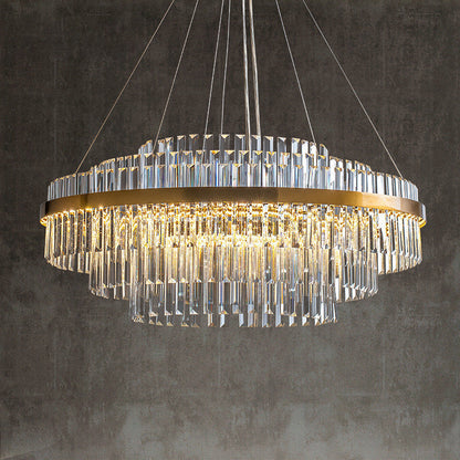 Crystal Chandelier Fixture Round Rectangular LED Warm White Adjustable Height Gold Metal Dining Table Overhead Modern Ceiling Light for Livi