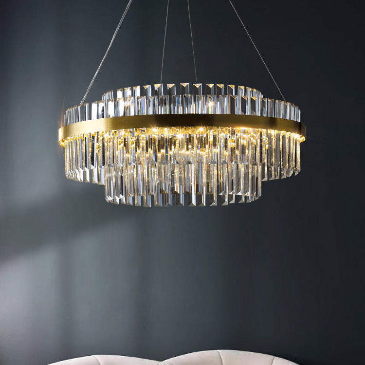 Crystal Chandelier Fixture Round Rectangular LED Warm White Adjustable Height Gold Metal Dining Table Overhead Modern Ceiling Light for Livi