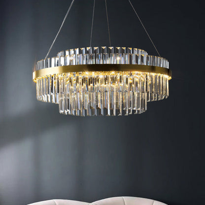 Crystal Chandelier Fixture Round Rectangular LED Warm White Adjustable Height Gold Metal Dining Table Overhead Modern Ceiling Light for Livi