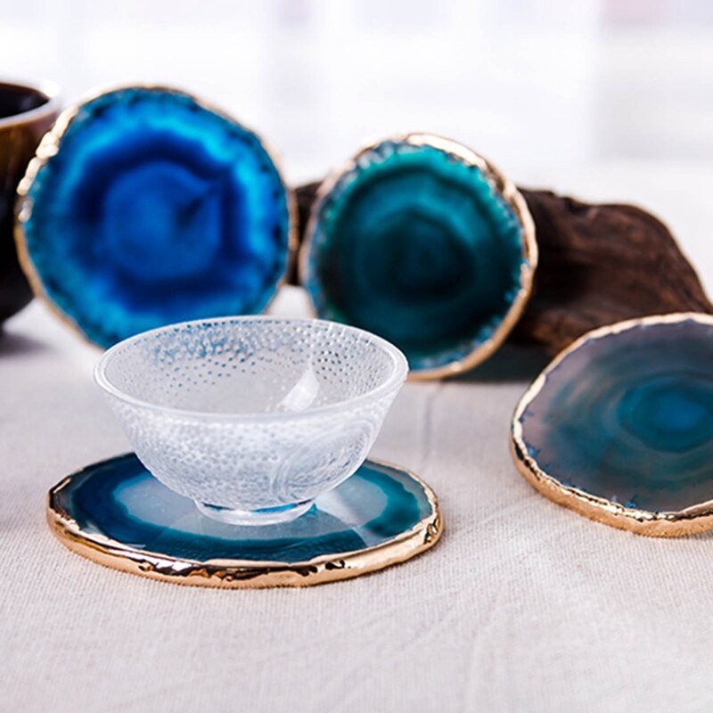 Luxury Blue Agate Coaster Set with Gold Accents – Unique Stone Coasters for Home Decor