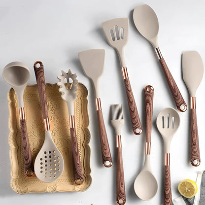 Kitchen Utensils Set of 10, Silicone Kitchen Utensils with Copper and Wood Handles, Heat Resistant Kitchen Utensil Set