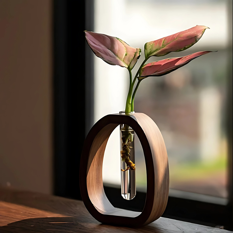 Glass Vase Plant Holder with Wooden Frame Stand for Hydroponics & Cuttings | Desktop Terrarium Display for Home Decor, Living Room & Office