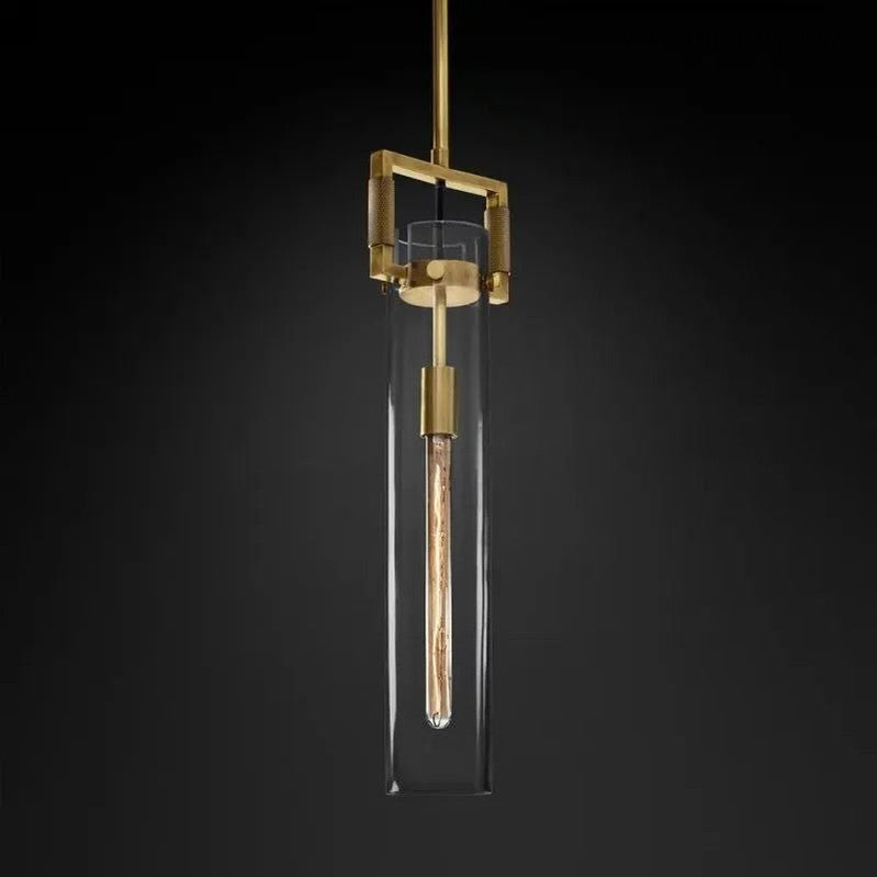 Industrial Glass Cylinder Hanging Light Fixture with Metal Frame & Edison Bulb for Kitchen Island Dining Room