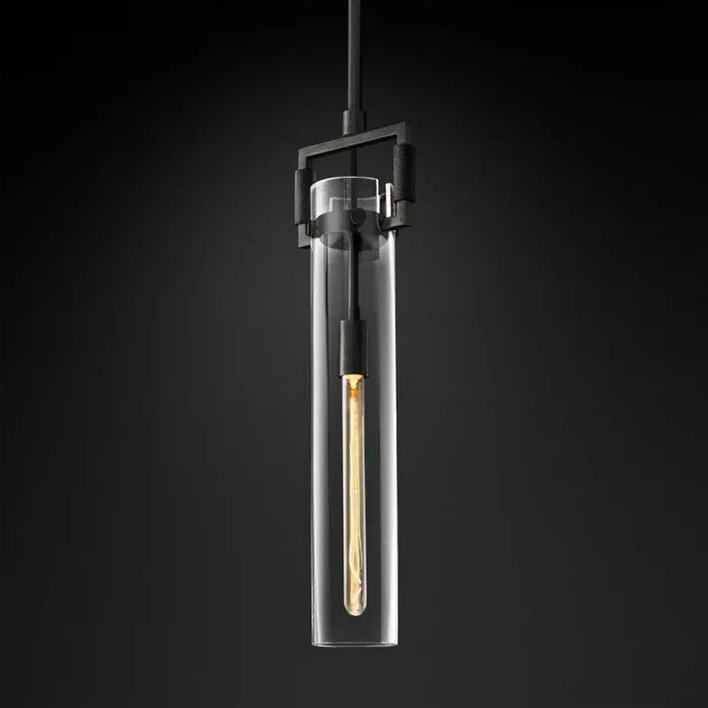 Industrial Glass Cylinder Hanging Light Fixture with Metal Frame & Edison Bulb for Kitchen Island Dining Room