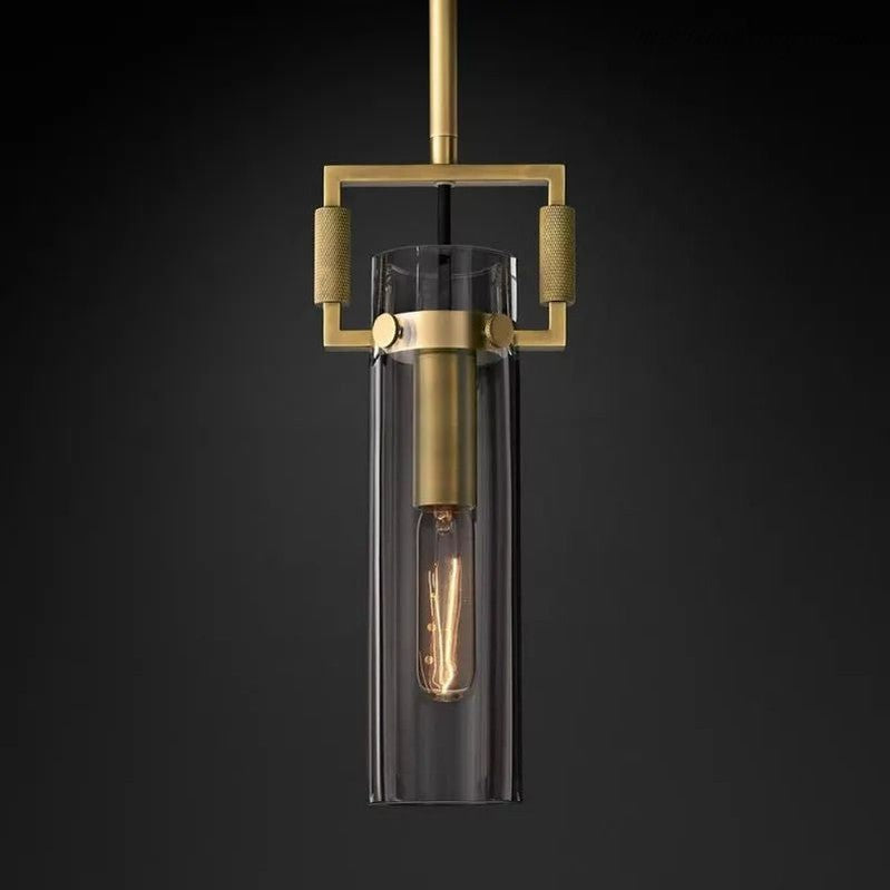 Industrial Glass Cylinder Hanging Light Fixture with Metal Frame & Edison Bulb for Kitchen Island Dining Room