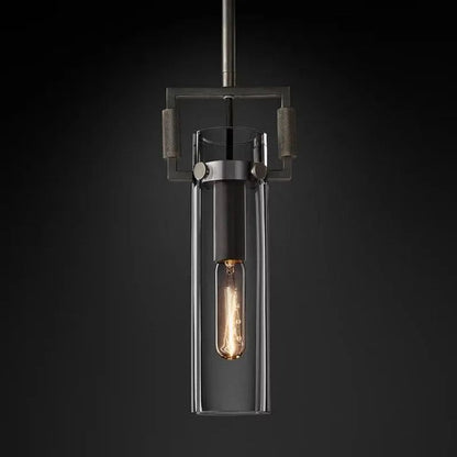 Industrial Glass Cylinder Hanging Light Fixture with Metal Frame & Edison Bulb for Kitchen Island Dining Room