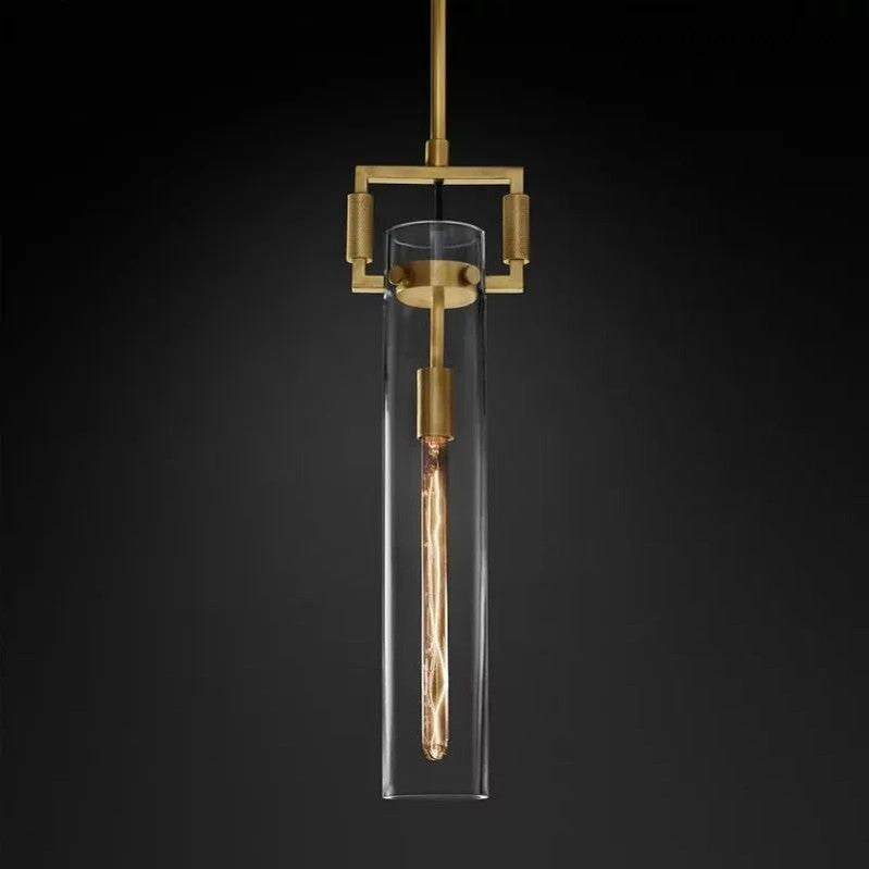 Industrial Glass Cylinder Hanging Light Fixture with Metal Frame & Edison Bulb for Kitchen Island Dining Room
