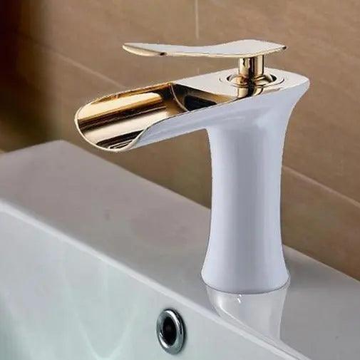 Deck-Mount Bathroom Faucet with Single Lever Control in Polished Metallic Finish for Sink | Contemporary Waterfall Spout Fixture | Easy Inst