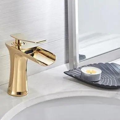 Deck-Mount Bathroom Faucet with Single Lever Control in Polished Metallic Finish for Sink | Contemporary Waterfall Spout Fixture | Easy Inst