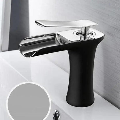 Deck-Mount Bathroom Faucet with Single Lever Control in Polished Metallic Finish for Sink | Contemporary Waterfall Spout Fixture | Easy Inst