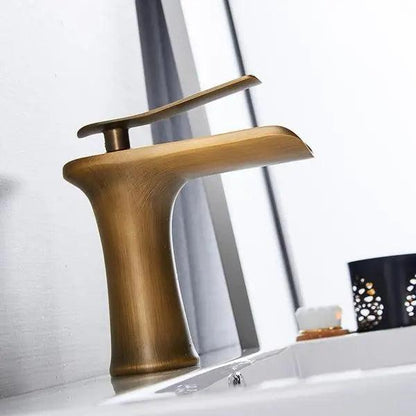 Deck-Mount Bathroom Faucet with Single Lever Control in Polished Metallic Finish for Sink | Contemporary Waterfall Spout Fixture | Easy Inst