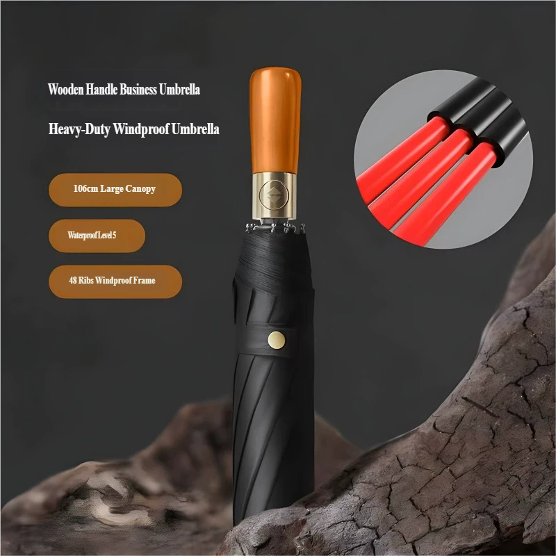 Windproof Auto-Open Compact Umbrella with Wood Grip for Rain & Travel – Large Canopy Folding Design for Golf, Commute & Everyday Storm