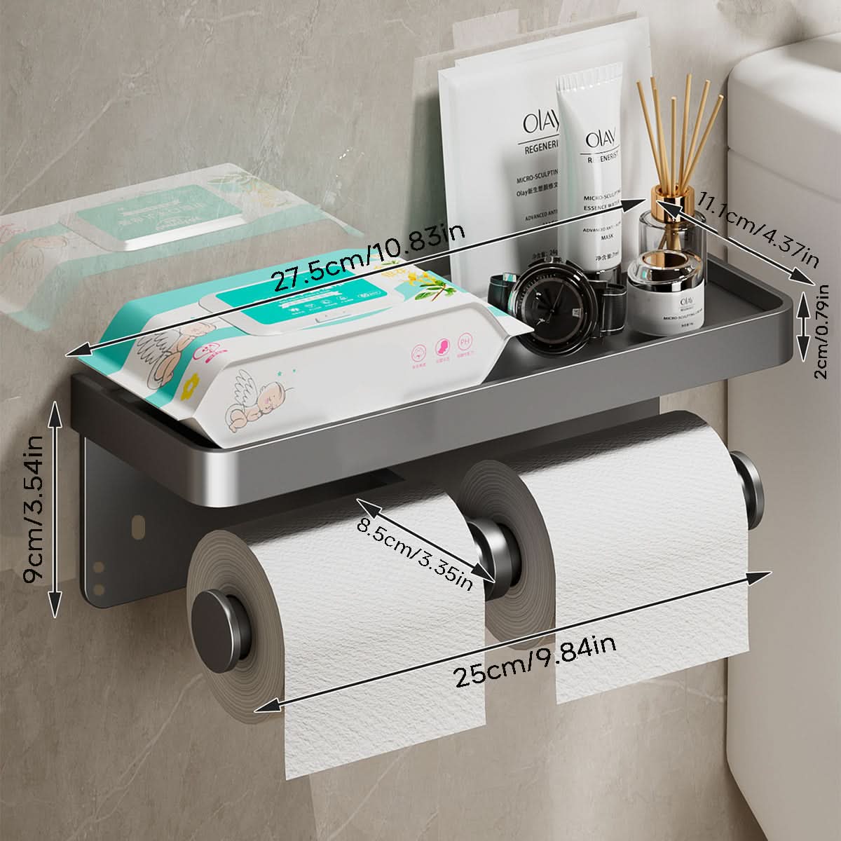 DÉROULEUR DE PAPIER TOILETTE - Porte-papier toilette mural en aluminium avec tiroir de rangement intégré