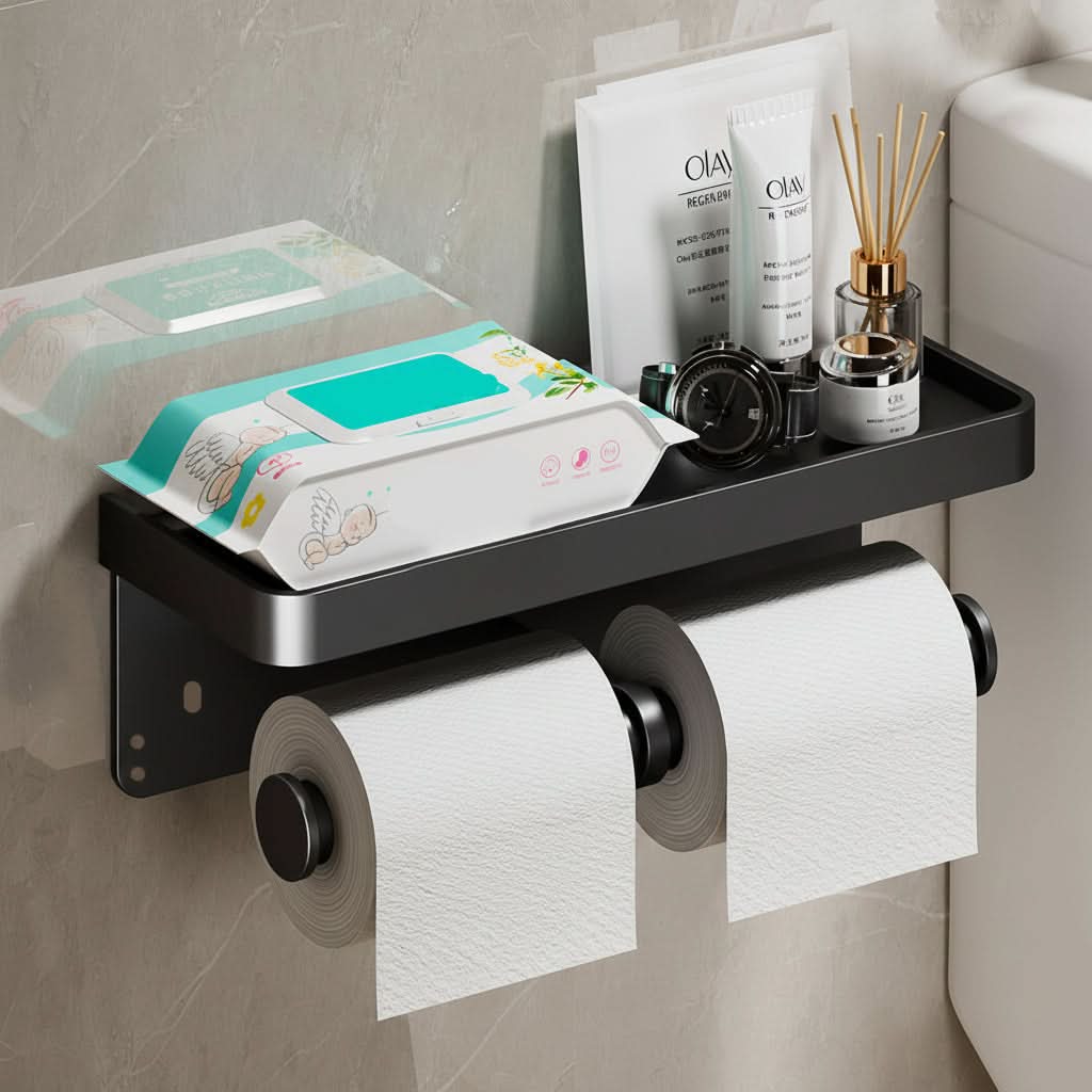DÉROULEUR DE PAPIER TOILETTE - Porte-papier toilette mural en aluminium avec tiroir de rangement intégré