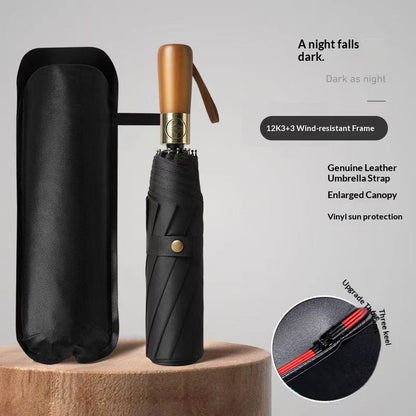Windproof Auto-Open Compact Umbrella with Wood Grip for Rain & Travel – Large Canopy Folding Design for Golf, Commute & Everyday Storm