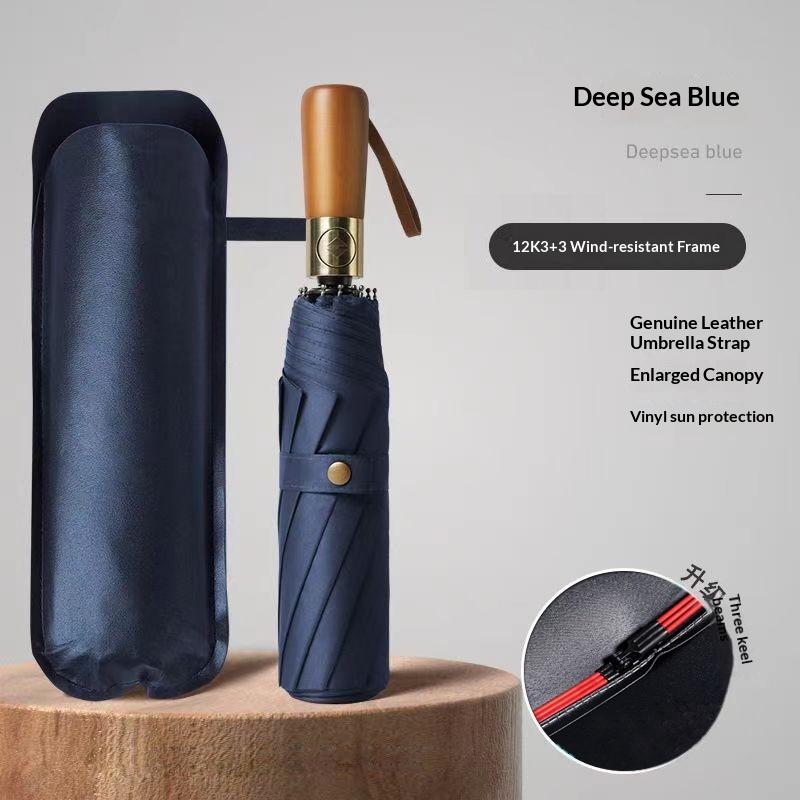 Windproof Auto-Open Compact Umbrella with Wood Grip for Rain & Travel – Large Canopy Folding Design for Golf, Commute & Everyday Storm