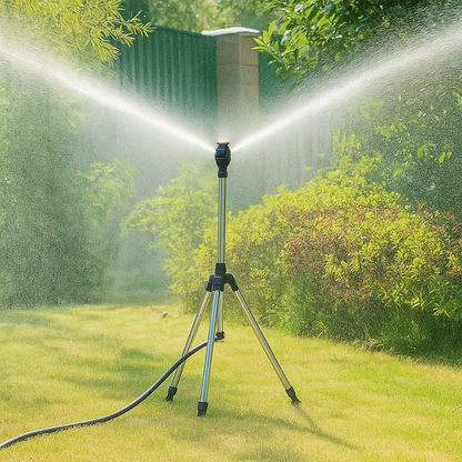 360° Rotating Tripod Sprinkler for Lawn & Garden – Adjustable Height & Spray Range, Quick-Connect Hose Fitting, Dual Spray Head
