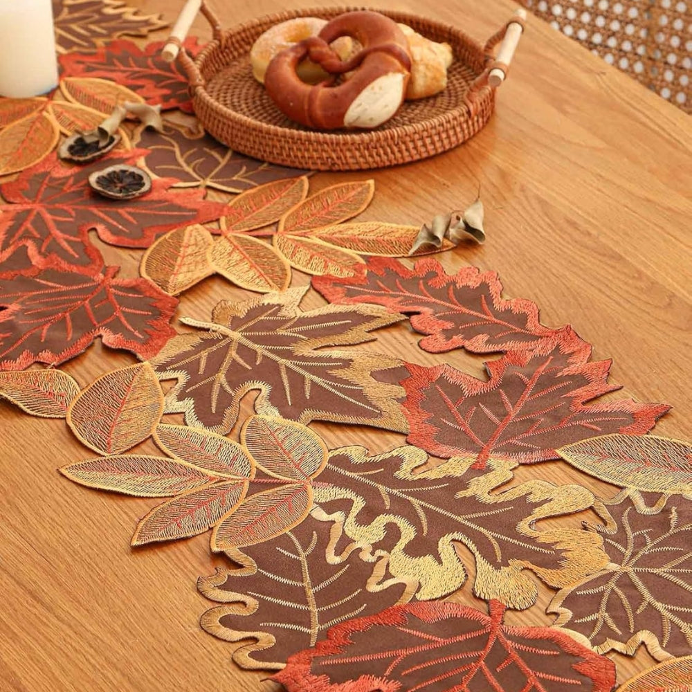 Aurelia Table Runner - Embroidered Autumn Leaves, Woven Microfiber