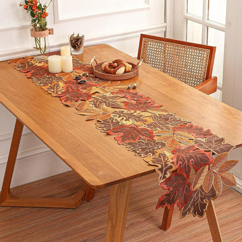 Aurelia Table Runner - Embroidered Autumn Leaves, Woven Microfiber