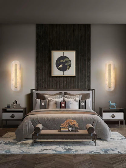 Alabaster Wall Sconce with Brass Accents – Modern LED Fixture for Living Room, Hallway & Bedroom