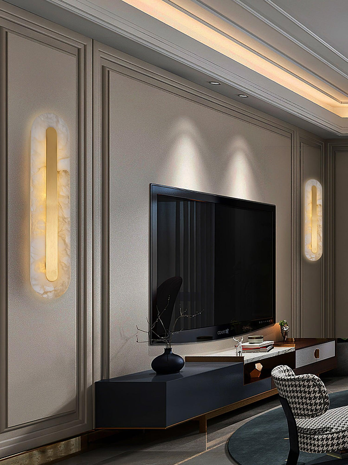 Alabaster Wall Sconce with Brass Accents – Modern LED Fixture for Living Room, Hallway & Bedroom