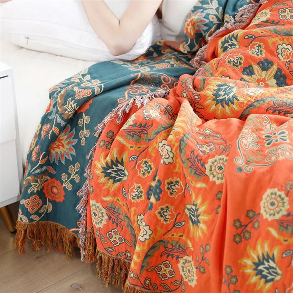Marigold Throw Blanket - Reversible Cotton, Floral Design