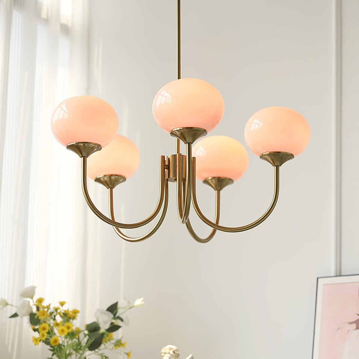 Orb Pendant Light with Adjustable Height Metal Frame and Spherical Shades for Kitchen Island Dining Living Room Bedroom E27 Socket Pink Whit