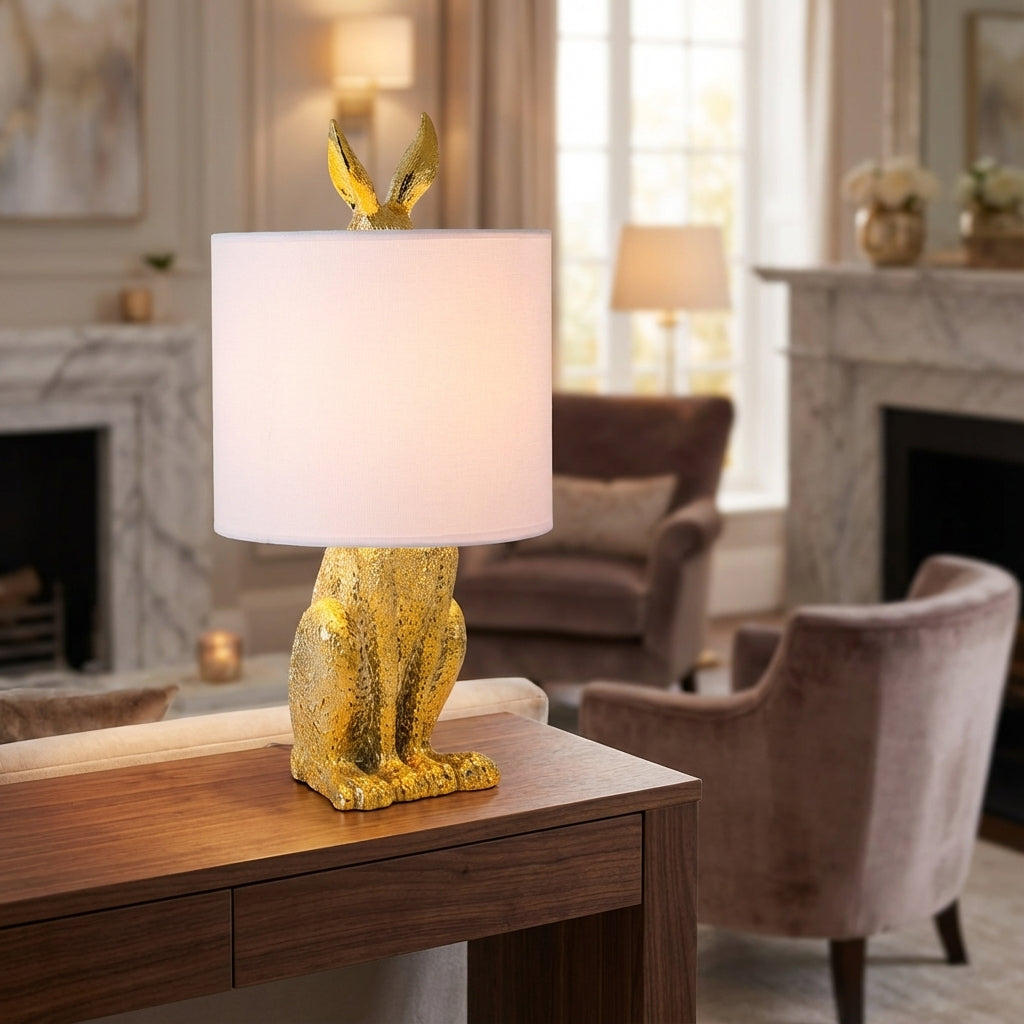 Resin Bunny Accent Lamp with Linen Shade 20 in Tall Gold Finish Decorative Nightstand Light E27 Socket Animal Sculpture for Bedroom Living R
