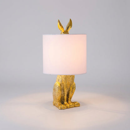 Resin Bunny Accent Lamp with Linen Shade 20 in Tall Gold Finish Decorative Nightstand Light E27 Socket Animal Sculpture for Bedroom Living R