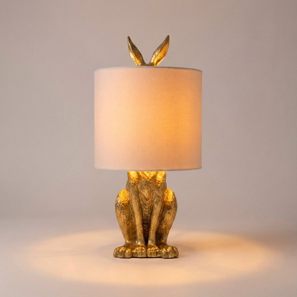 Resin Bunny Accent Lamp with Linen Shade 20 in Tall Gold Finish Decorative Nightstand Light E27 Socket Animal Sculpture for Bedroom Living R