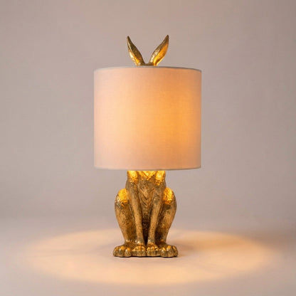 Resin Bunny Accent Lamp with Linen Shade 20 in Tall Gold Finish Decorative Nightstand Light E27 Socket Animal Sculpture for Bedroom Living R