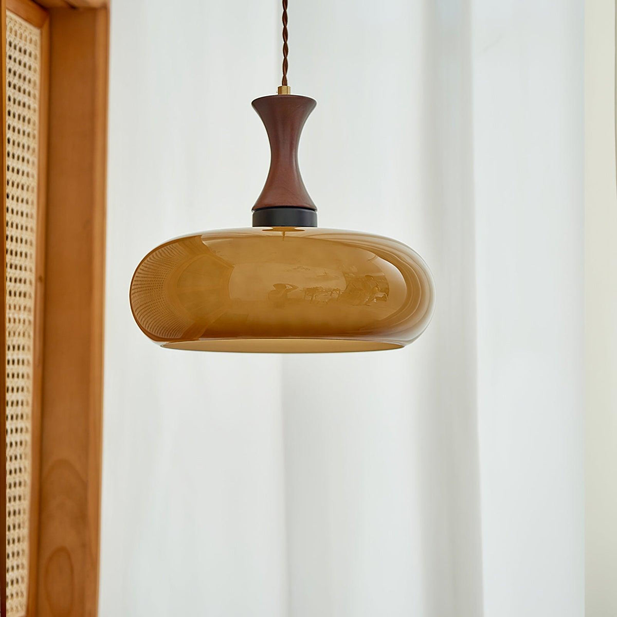 Hanging Light Fixture with Amber Glass Shade 7 Inch Diameter Adjustable Cord for Kitchen Islands Dining Tables Breakfast Bars Modern Farmhou