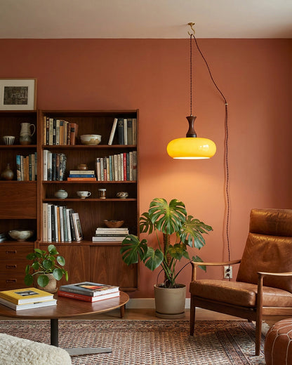 Glass Pendant Light for Kitchen Island & Dining Room — Adjustable Hanging Fixture with Warm Amber Shade, 11 Inch Wide, Dimmable Modern Farmh