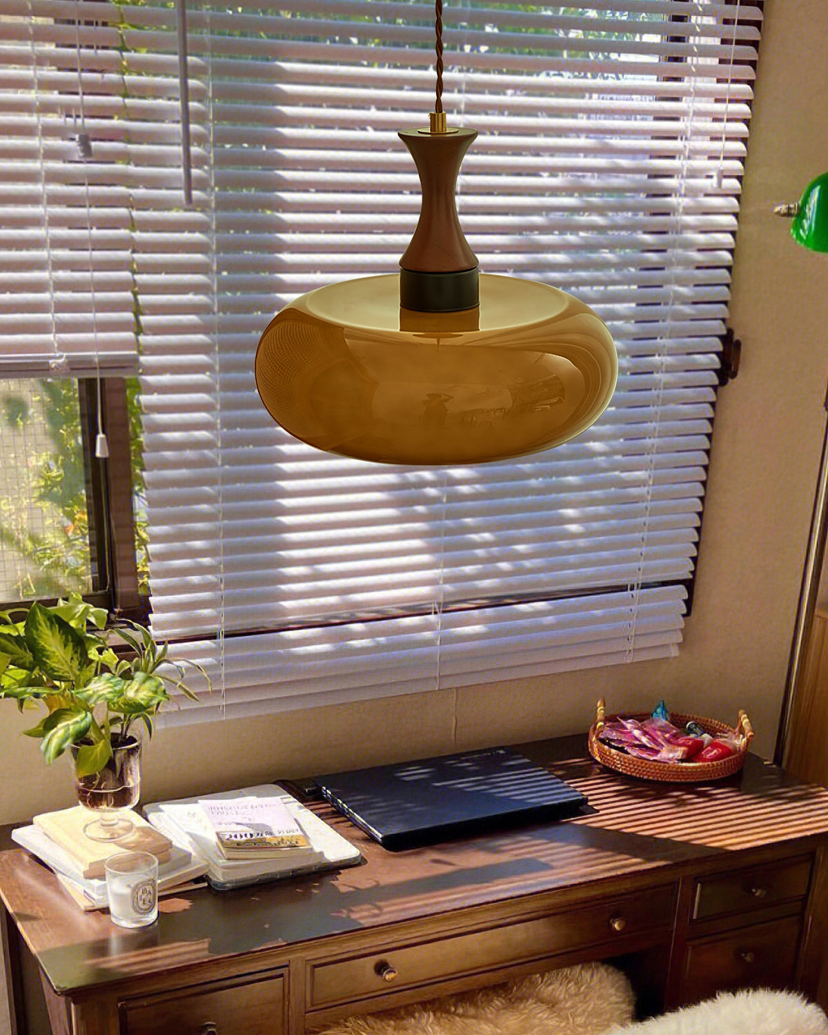 Glass Pendant Light for Kitchen Island & Dining Room — Adjustable Hanging Fixture with Warm Amber Shade, 11 Inch Wide, Dimmable Modern Farmh