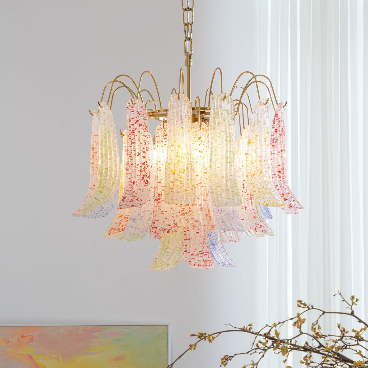 Hand-Blown Art Glass Chandelier Multi-Bulb Pendant Light Fixture Vibrant Colors Dining Room Living Room Statement Lighting 20-24 inch Diamet
