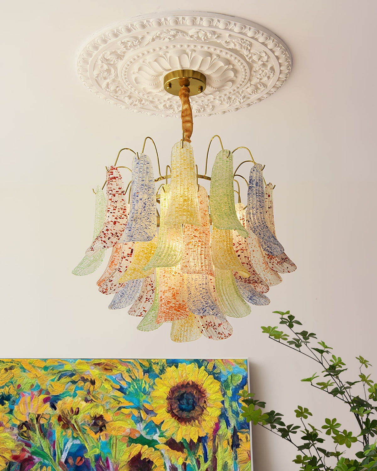 Hand-Blown Art Glass Chandelier Multi-Bulb Pendant Light Fixture Vibrant Colors Dining Room Living Room Statement Lighting 20-24 inch Diamet