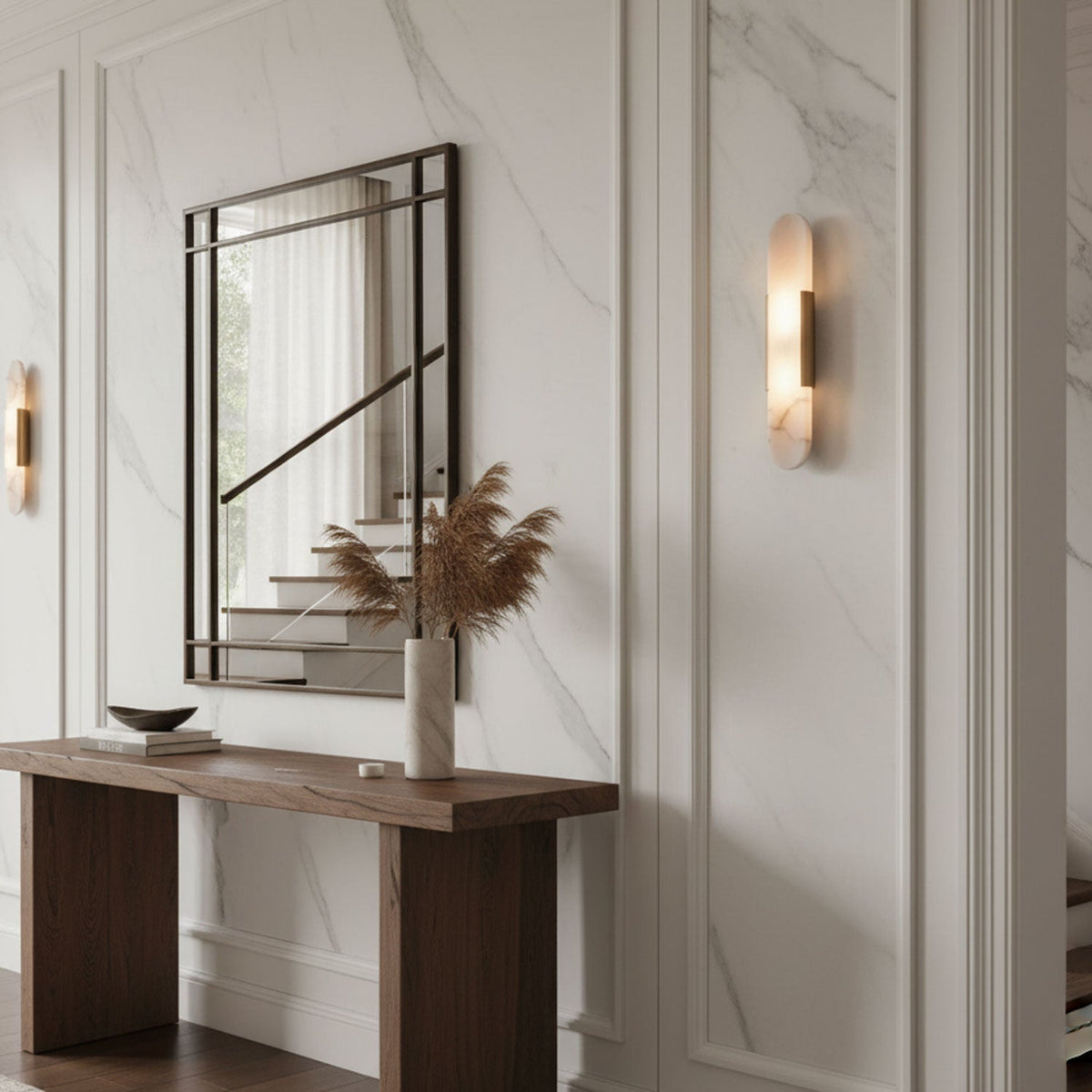 Handcrafted Alabaster Sconce with Brass Accent 14 in Wall Light for Bedroom Hallway Living Room Indoor Fixture G4 LED Modern Elongated Stone