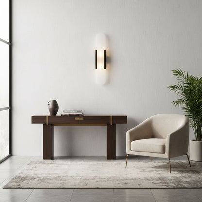 Handcrafted Alabaster Sconce with Brass Accent 14 in Wall Light for Bedroom Hallway Living Room Indoor Fixture G4 LED Modern Elongated Stone