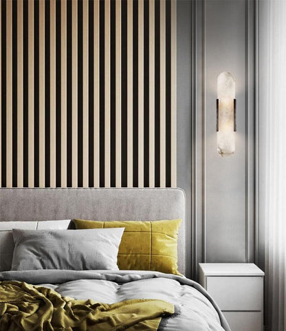 Handcrafted Alabaster Sconce with Brass Accent 14 in Wall Light for Bedroom Hallway Living Room Indoor Fixture G4 LED Modern Elongated Stone
