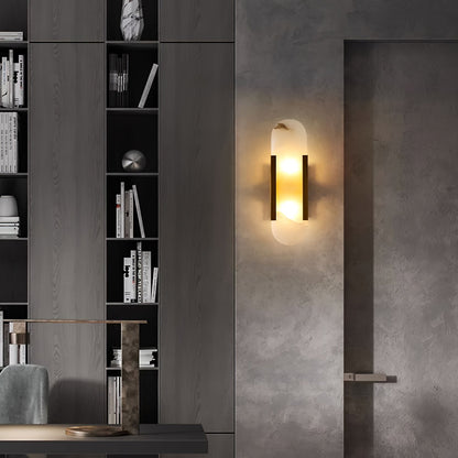 Handcrafted Alabaster Sconce with Brass Accent 14 in Wall Light for Bedroom Hallway Living Room Indoor Fixture G4 LED Modern Elongated Stone