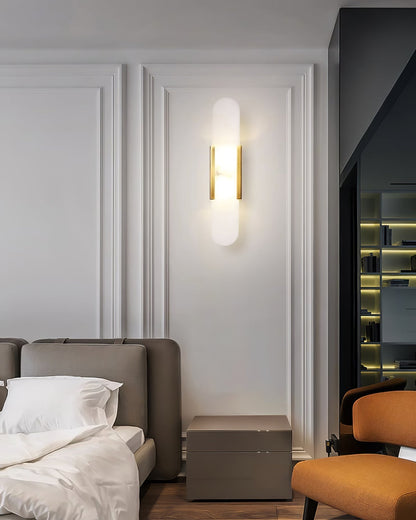 Handcrafted Alabaster Sconce with Brass Accent 14 in Wall Light for Bedroom Hallway Living Room Indoor Fixture G4 LED Modern Elongated Stone