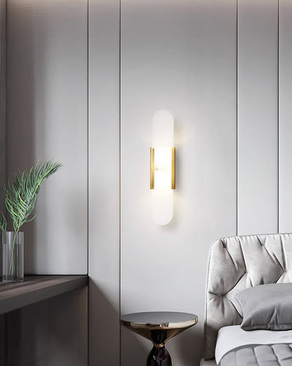 Handcrafted Alabaster Sconce with Brass Accent 14 in Wall Light for Bedroom Hallway Living Room Indoor Fixture G4 LED Modern Elongated Stone