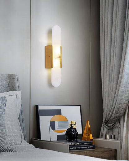 Handcrafted Alabaster Sconce with Brass Accent 14 in Wall Light for Bedroom Hallway Living Room Indoor Fixture G4 LED Modern Elongated Stone