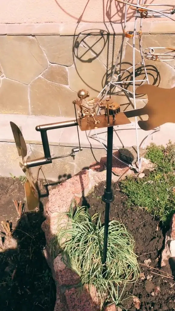 Musical Wind Spinner Stake Rustic Steel Rotating Weathervane for Yard Patio Balcony Garden 27.5 Inch Guitarist Drummer Outdoor Decor