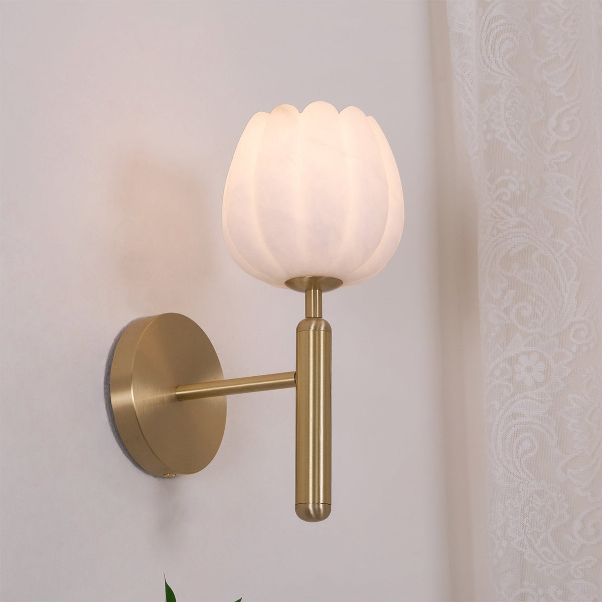 LED Wall Sconce with Alabaster Shade Brass Finish 12 in Indoor Accent Light for Bedroom Hallway Living Room Modern Floral Design E12 Base 15