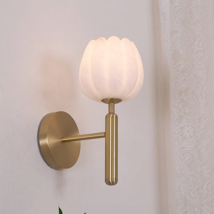 LED Wall Sconce with Alabaster Shade Brass Finish 12 in Indoor Accent Light for Bedroom Hallway Living Room Modern Floral Design E12 Base 15