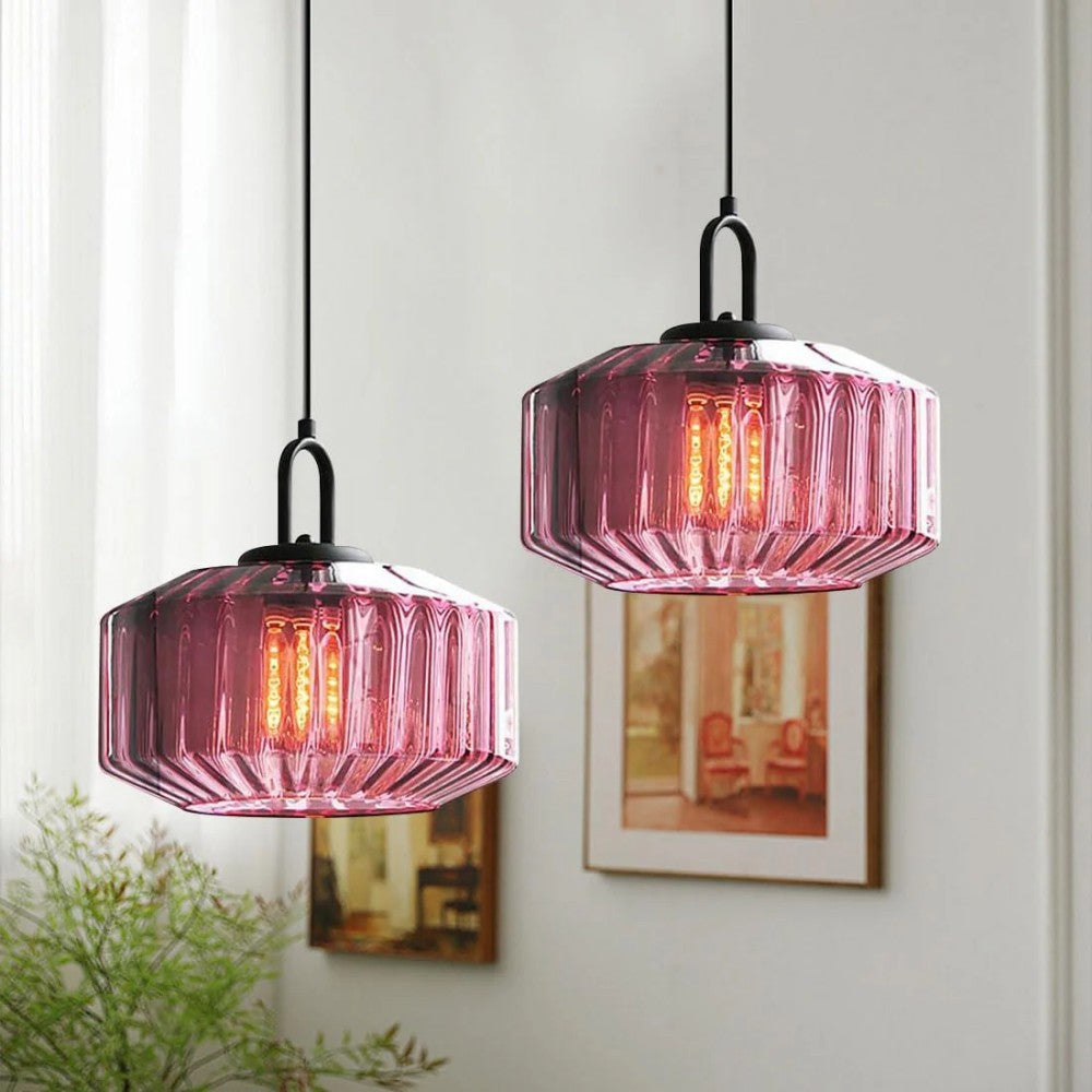 Suspension artisanale en verre en forme de goutte, abat-jour rayé vert de 28 cm pour tables de salle à manger et îlots de cuisine, luminaire suspendu compact, éclairage LED d'ambiance