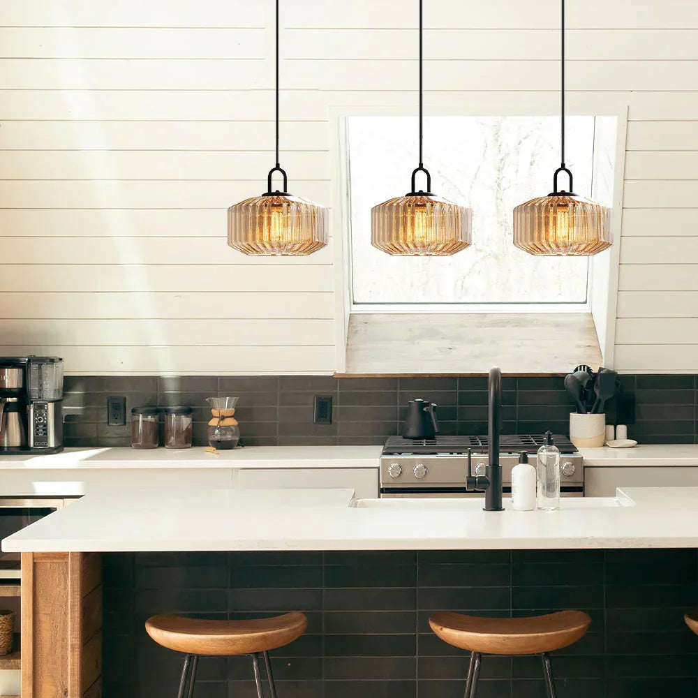 Suspension artisanale en verre en forme de goutte, abat-jour rayé vert de 28 cm pour tables de salle à manger et îlots de cuisine, luminaire suspendu compact, éclairage LED d'ambiance