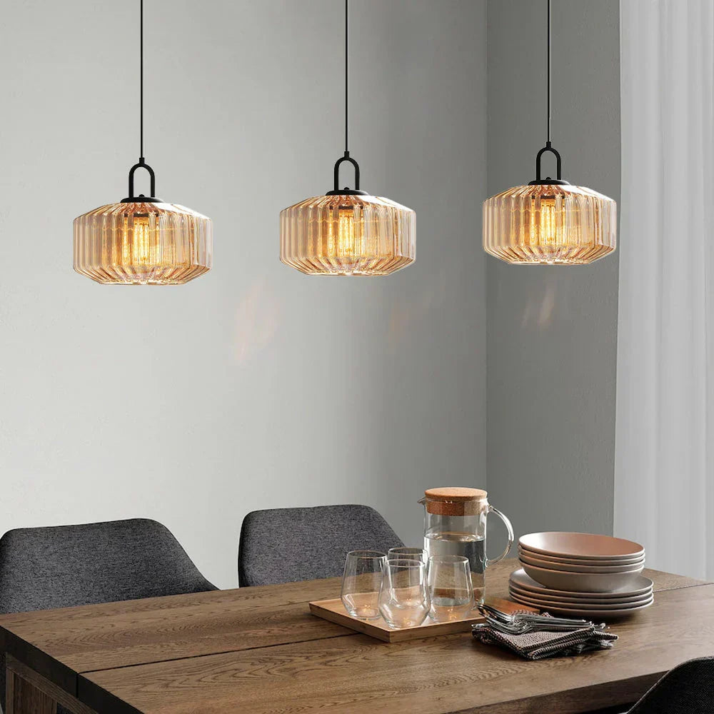 Suspension artisanale en verre en forme de goutte, abat-jour rayé vert de 28 cm pour tables de salle à manger et îlots de cuisine, luminaire suspendu compact, éclairage LED d'ambiance
